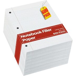 1InTheOffice Loose Leaf Paper, 8.5x11 Collage Ruled Binder Paper, 3 Hole Punch Filler Paper, Notebook Paper, Letter Size, 600 Sheets