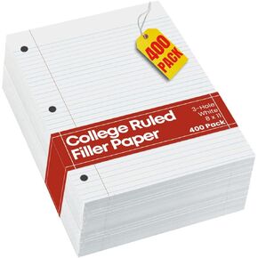 1InTheOffice Loose Leaf Paper College Ruled, Filler Paper, Notebook Paper College Ruled, 8" x 11", 3-Hole Punched, 400 Sheets