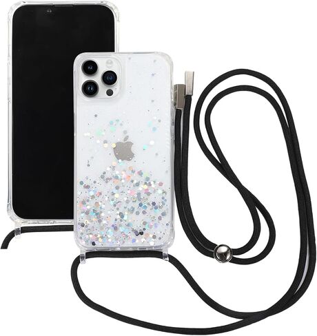 for iPhone 16 Plus Strap Case with Crossbody Lanyard, Clear Glitter Shiny Bling Sparkle Shockproof Cover with Soft TPU Bumper, Adjustable Shoulder Neck String for Girls Women - Crystal Clear in Kuwait