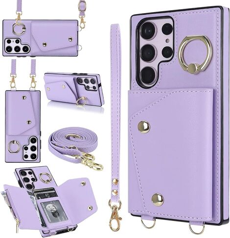 حافظة محفظة UEEBAI Crossbody لهاتف Samsung Galaxy S24 Ultra 5G، حافظة هاتف بفتحة للبطاقات مع جيب بسحاب ومسند وغطاء حزام يد مع حزام معصم قابل للإزالة - أرجواني in Kuwait
