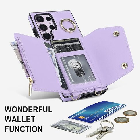 حافظة محفظة UEEBAI Crossbody لهاتف Samsung Galaxy S24 Ultra 5G، حافظة هاتف بفتحة للبطاقات مع جيب بسحاب ومسند وغطاء حزام يد مع حزام معصم قابل للإزالة - أرجواني in Kuwait