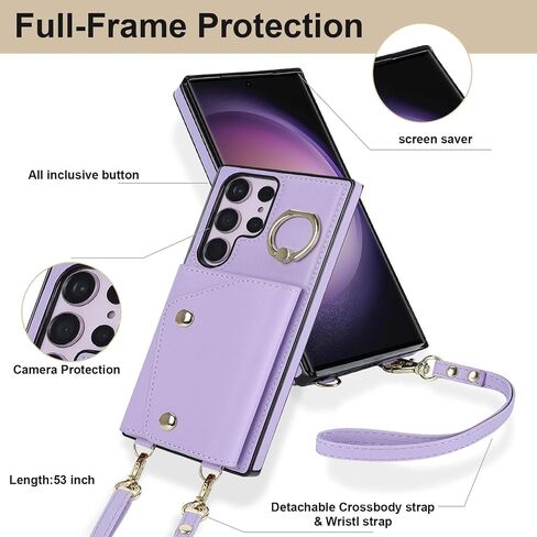 حافظة محفظة UEEBAI Crossbody لهاتف Samsung Galaxy S24 Ultra 5G، حافظة هاتف بفتحة للبطاقات مع جيب بسحاب ومسند وغطاء حزام يد مع حزام معصم قابل للإزالة - أرجواني in Kuwait