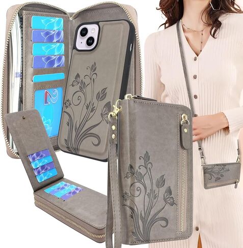 حافظة Lacass متوافقة مع iPhone 15 Plus/iPhone 14 Plus، حافظة هاتف بمحفظة جلدية مزدوجة بسحاب قابلة للفصل (أسود) in Kuwait