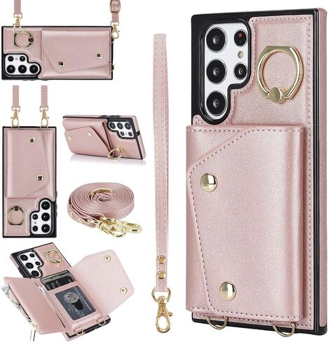 حافظة محفظة UEEBAI Crossbody لهاتف Samsung Galaxy S24 Ultra 5G، حافظة هاتف بفتحة للبطاقات مع جيب بسحاب ومسند وغطاء حزام يد مع حزام معصم قابل للإزالة - أرجواني in Kuwait