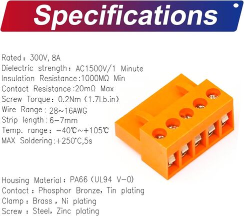 Tcenofoxy 3.96mm Connector 2/3/4/5/6/7/8/9/10/12 Pin Phoenix Connector HT396K HT3.96K HT3.96V HT3.96R Orange PCB Screw Terminal Block Connector (5Pcs 3.96M-5Pin) in Kuwait