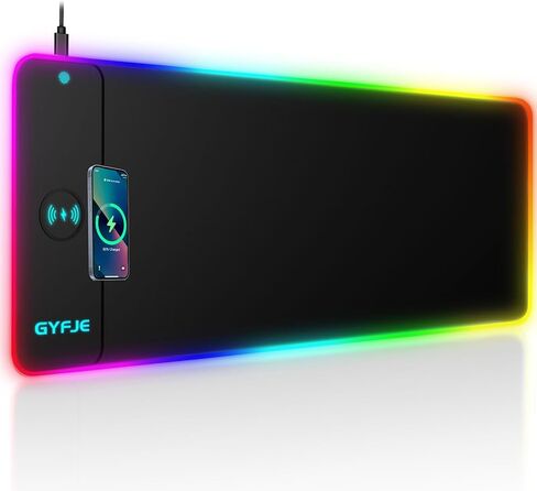 GYFJE Wireless Charging RGB Gaming Mouse Pad 15W, 10 Led Light Modes Desk Mat, 800x300x4mm Extra Large Keyboard Pad Non-Slip Rubber Base Computer Keyboard Mat for Gaming, MacBook, PC, Laptop in Saudi Arabia