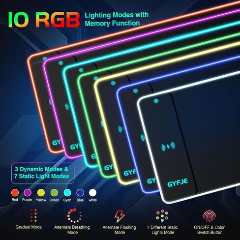 GYFJE Wireless Charging RGB Gaming Mouse Pad 15W, 10 Led Light Modes Desk Mat, 800x300x4mm Extra Large Keyboard Pad Non-Slip Rubber Base Computer Keyboard Mat for Gaming, MacBook, PC, Laptop in Saudi Arabia