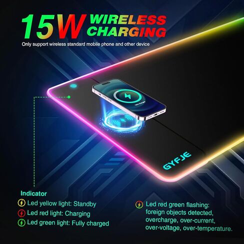 GYFJE Wireless Charging RGB Gaming Mouse Pad 15W, 10 Led Light Modes Desk Mat, 800x300x4mm Extra Large Keyboard Pad Non-Slip Rubber Base Computer Keyboard Mat for Gaming, MacBook, PC, Laptop in Saudi Arabia