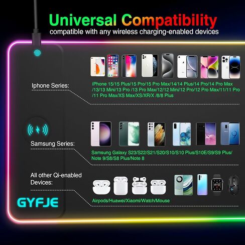 GYFJE Wireless Charging RGB Gaming Mouse Pad 15W, 10 Led Light Modes Desk Mat, 800x300x4mm Extra Large Keyboard Pad Non-Slip Rubber Base Computer Keyboard Mat for Gaming, MacBook, PC, Laptop in Saudi Arabia