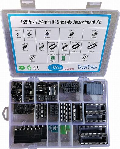 TRUSTYIWE 189Pcs 2.54mm Pitch DIP IC Sockets Solder Type Adaptor Assortment Kit (6/8/14/16/18/24/28/32/40/42 Pins) in Saudi Arabia