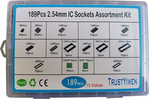 TRUSTYIWE 189Pcs 2.54mm Pitch DIP IC Sockets Solder Type Adaptor Assortment Kit (6/8/14/16/18/24/28/32/40/42 Pins) in Saudi Arabia