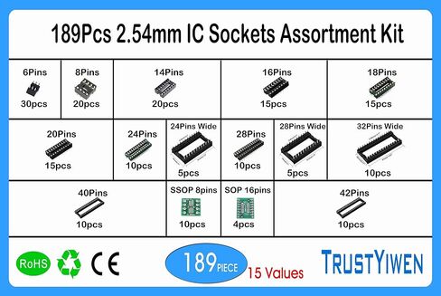 TRUSTYIWE 189Pcs 2.54mm Pitch DIP IC Sockets Solder Type Adaptor Assortment Kit (6/8/14/16/18/24/28/32/40/42 Pins) in Saudi Arabia