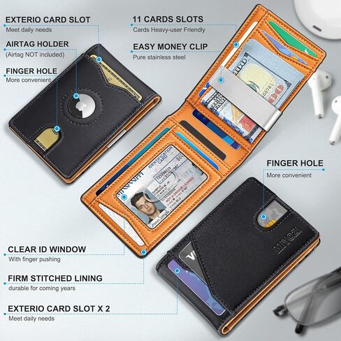 محفظة miyozi Airtag للرجال، مع مشبك نقود و11 بطاقة وجيب أمامي نحيف ومحفظة جلدية RFID مع صندوق هدايا in Saudi Arabia