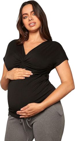 OYOANGLE Women's Maternity Twist Front V Neck Short Sleeve Ruched Tee Shirt Pregnancy Top in Saudi Arabia