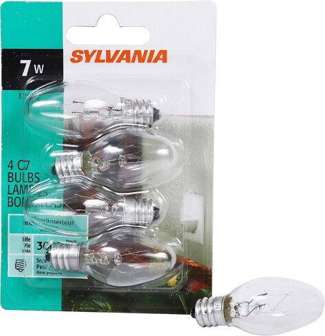 SYLVANIA Incandescent 7W C7 Night Light Bulb, E12 Candelabra Base, 40 Lumens, Clear Finish, 2850K, Warm White - 4 Pack (13545) in Saudi Arabia