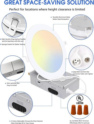 24 حزمة 5CCT إضاءة LED رفيعة للغاية 6 بوصة، إضاءة سفلية مع صندوق توصيل، 2700K/3000K/4000K/5000K/6500K قابلة للتحديد، 12W 110W Eqv، مصابيح ويفر قابلة للتعتيم، 1050LM ضوء غائر LED، ETL in Kuwait
