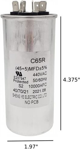 QXParts C65R Capacitor 45+5 uF ±5% 440VAC 45/5 MFD 50/60 Hz Motor Round Dual Run for Air Conditioners, Dehumidifiers, Washing Machines, Dishwashers C22.2NO.190 E237947 in Saudi Arabia