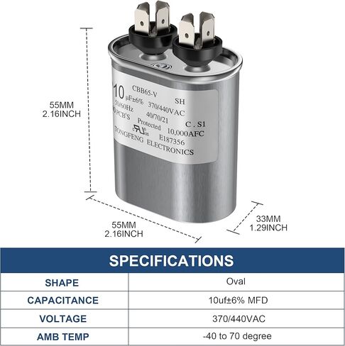 10 MFD مكثف 10 فائق التوهج ± 6% 370/440 VAC CBB65B مكثف دائري مزدوج التشغيل، مكثف تشغيل المحرك مدرج في قائمة UL لمكيف الهواء بمضخة حرارية باردة ومكثف محرك المروحة in Kuwait