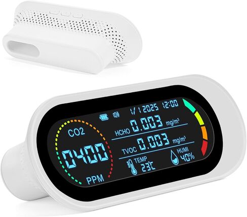 جهاز كشف جودة الهواء CO2 مراقب داخلي 5 في 1 جهاز قياس جودة الهواء الذكي كاشف ثاني أكسيد الكربون المحمول CO2/TVOC/HCHO إنذار صغير لاختبار جودة الهواء للمنزل/السفر/المكتب/المدرسة/السيارة in Kuwait