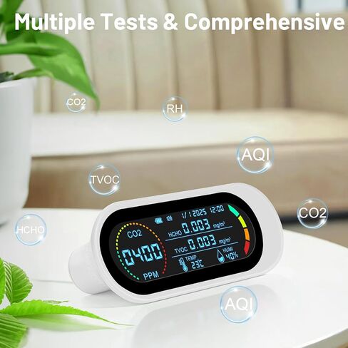 جهاز كشف جودة الهواء CO2 مراقب داخلي 5 في 1 جهاز قياس جودة الهواء الذكي كاشف ثاني أكسيد الكربون المحمول CO2/TVOC/HCHO إنذار صغير لاختبار جودة الهواء للمنزل/السفر/المكتب/المدرسة/السيارة in Kuwait