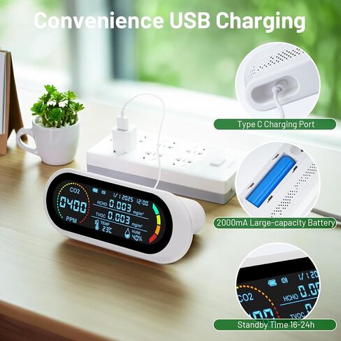 جهاز كشف جودة الهواء CO2 مراقب داخلي 5 في 1 جهاز قياس جودة الهواء الذكي كاشف ثاني أكسيد الكربون المحمول CO2/TVOC/HCHO إنذار صغير لاختبار جودة الهواء للمنزل/السفر/المكتب/المدرسة/السيارة in Kuwait