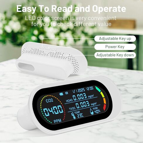 جهاز كشف جودة الهواء CO2 مراقب داخلي 5 في 1 جهاز قياس جودة الهواء الذكي كاشف ثاني أكسيد الكربون المحمول CO2/TVOC/HCHO إنذار صغير لاختبار جودة الهواء للمنزل/السفر/المكتب/المدرسة/السيارة in Kuwait