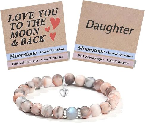 𝐆𝐢𝐟𝐭 𝐟𝐨𝐫 𝐃𝐚𝐮𝐠𝐡𝐭𝐞𝐫 Infinity Heart Moonstone Bracelet with Pink Zebra Jasper Handmade Birthday Gifts from Mom Dad Grandma in Gift Box Daughter Bracelets in Saudi Arabia