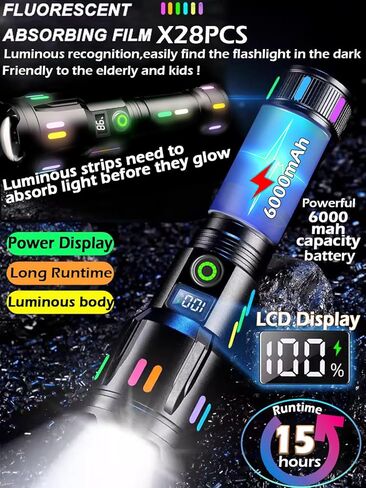 مصباح يدوي LED، مصابيح كاشفة قابلة لإعادة الشحن لومن عالي السطوع 990000 لومن، 5 أوضاع ضوء فلاش تكتيكي قوي IPX7 مقاوم للماء تركيز زوومابلي للتخييم في حالات الطوارئ ومعدات المشي لمسافات طويلة الأساسية وصيد الأسماك في المنزل in Kuwait