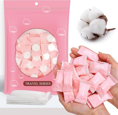 50 Pieces Compressed Towels Tablets, Portable Disposable Cotton Hypoallergenic Dehydrated Expandable Compressed Face Towels Travel Washcloths Coin Tissues for Home Beauty and Outdoors Hiking Camping in Saudi Arabia