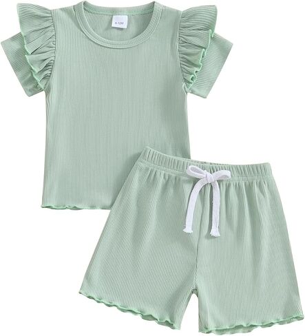 PUHHAPIEY Toddler Girl Clothes Summer Outfits Solid Plain Rib Ruffle Short Sleeve T-Shirt Tee Tops Shorts 2T 3T 4T Clothing in Saudi Arabia