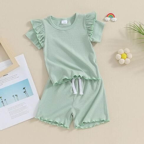PUHHAPIEY Toddler Girl Clothes Summer Outfits Solid Plain Rib Ruffle Short Sleeve T-Shirt Tee Tops Shorts 2T 3T 4T Clothing in Saudi Arabia
