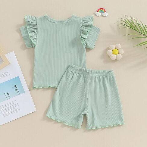 PUHHAPIEY Toddler Girl Clothes Summer Outfits Solid Plain Rib Ruffle Short Sleeve T-Shirt Tee Tops Shorts 2T 3T 4T Clothing in Saudi Arabia