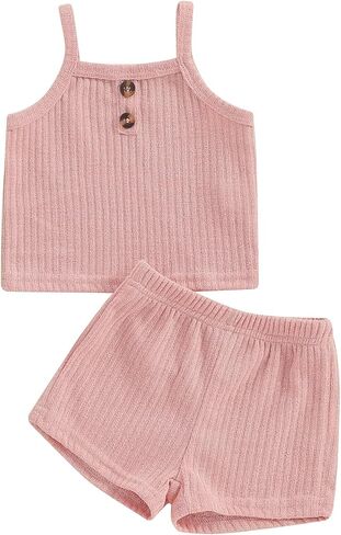 PUHHAPIEY Toddler Girl Clothes Summer Outfits Solid Plain Rib Ruffle Short Sleeve T-Shirt Tee Tops Shorts 2T 3T 4T Clothing in Saudi Arabia