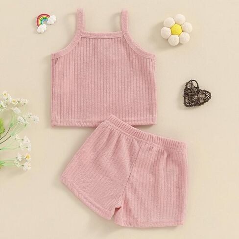 PUHHAPIEY Toddler Girl Clothes Summer Outfits Solid Plain Rib Ruffle Short Sleeve T-Shirt Tee Tops Shorts 2T 3T 4T Clothing in Saudi Arabia