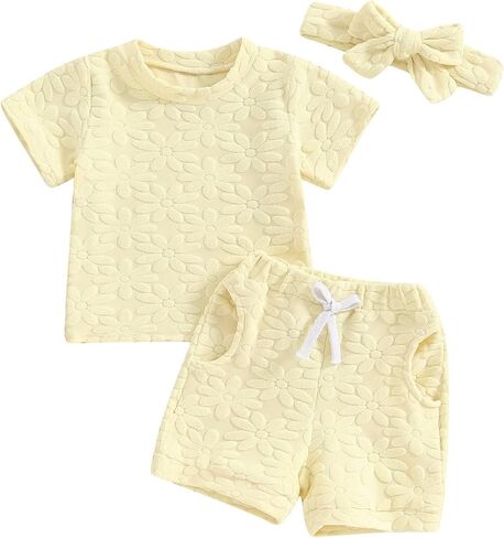 oneflow Baby Girls Shorts Set, Short Sleeve T-shirt with Elastic Waist Shorts with Hairband Summer Outfit in Saudi Arabia