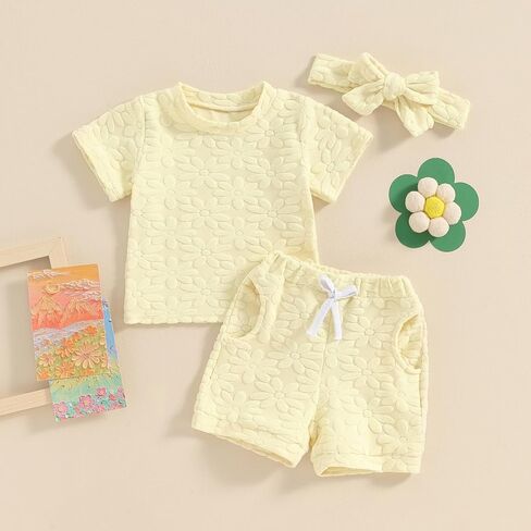 oneflow Baby Girls Shorts Set, Short Sleeve T-shirt with Elastic Waist Shorts with Hairband Summer Outfit in Saudi Arabia