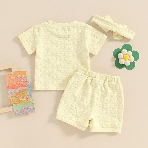 oneflow Baby Girls Shorts Set, Short Sleeve T-shirt with Elastic Waist Shorts with Hairband Summer Outfit in Saudi Arabia