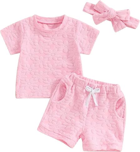 oneflow Baby Girls Shorts Set, Short Sleeve T-shirt with Elastic Waist Shorts with Hairband Summer Outfit in Saudi Arabia