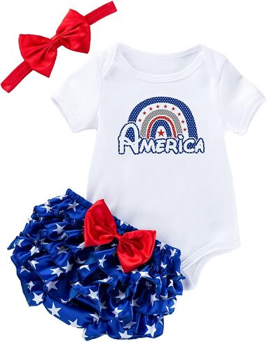 BeQeuewll Infant Newborn Baby Girl 4th of July Outfits Letter Romper Tutu Bloomers Shorts Set Independence Day Summer Clothes in Kuwait