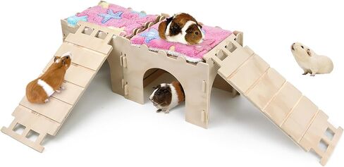 Nobgum 2 PCS Guinea Pig Hideout, Wooden Guinea Pig House with Stairs and Mats, Safe and Durable Guinea Pig Castle for Chinchilla Rat Hamster Bunny＆Small Animal in Kuwait