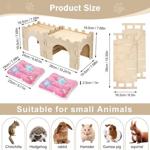 Nobgum 2 PCS Guinea Pig Hideout, Wooden Guinea Pig House with Stairs and Mats, Safe and Durable Guinea Pig Castle for Chinchilla Rat Hamster Bunny＆Small Animal in Kuwait