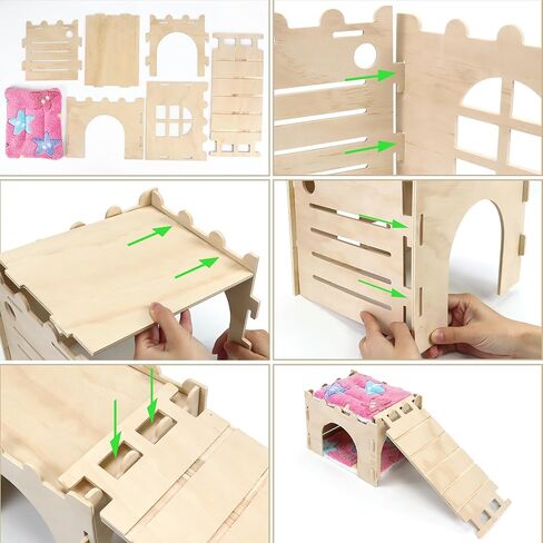 Nobgum 2 PCS Guinea Pig Hideout, Wooden Guinea Pig House with Stairs and Mats, Safe and Durable Guinea Pig Castle for Chinchilla Rat Hamster Bunny＆Small Animal in Kuwait