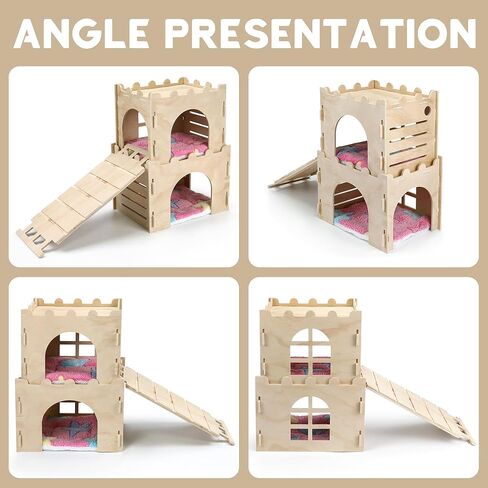 Nobgum 2 PCS Guinea Pig Hideout, Wooden Guinea Pig House with Stairs and Mats, Safe and Durable Guinea Pig Castle for Chinchilla Rat Hamster Bunny＆Small Animal in Kuwait