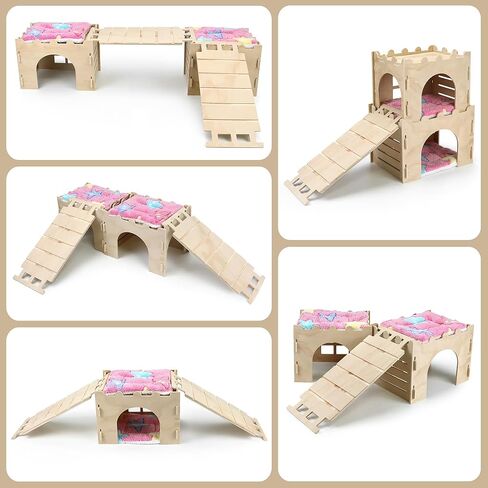 Nobgum 2 PCS Guinea Pig Hideout, Wooden Guinea Pig House with Stairs and Mats, Safe and Durable Guinea Pig Castle for Chinchilla Rat Hamster Bunny＆Small Animal in Kuwait