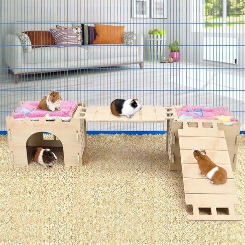 Nobgum 2 PCS Guinea Pig Hideout, Wooden Guinea Pig House with Stairs and Mats, Safe and Durable Guinea Pig Castle for Chinchilla Rat Hamster Bunny＆Small Animal in Kuwait
