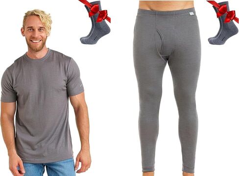 Merino.tech مجموعة رجالية من صوف ميرينو بطبقة أساسية - ملابس داخلية حرارية خفيفة الوزن من صوف ميرينو للرجال، تي شيرت، الجزء السفلي + جوارب صوفية in Saudi Arabia