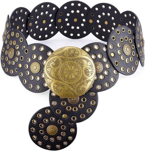 Concho Belts for Women Western Style, Vintage Wide Leather Belt, Circle Whippy Concho Belts, Boho Moroccan Belt Black in Saudi Arabia