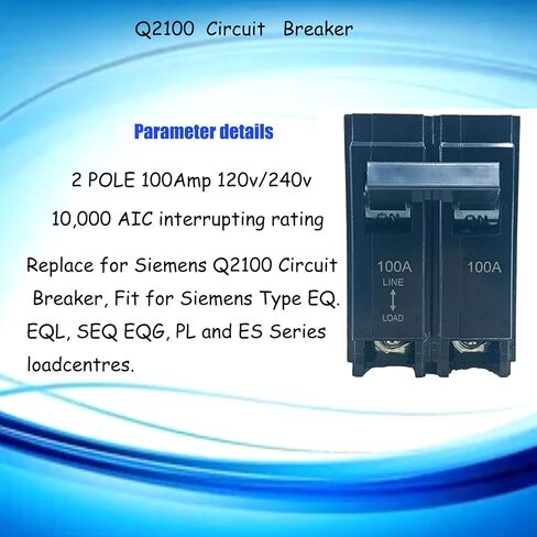 قاطع الدائرة Q2100، 2 قطب 100 أمبير - 120/240 فولت، بديل لقاطع الدائرة الكهربائية Siemens Q2100، مناسب لنوع Siemens EQ. مراكز التحميل من سلسلة EQL وSEQ EQG وPL وES، وقاطع توصيل، وضمان لمدة 5 سنوات in Kuwait
