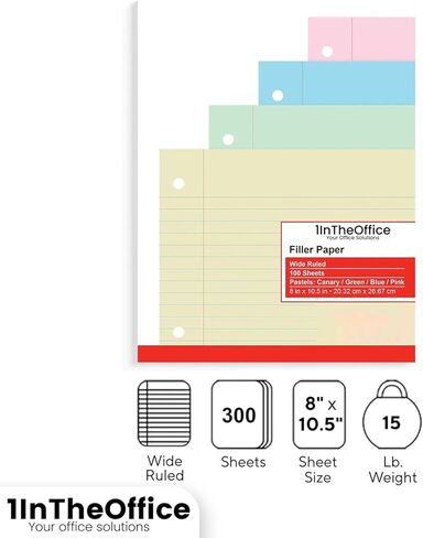1InTheOffice Wide Filler Paper, Loose Leaf Binder Paper, Pastel, 8"W x 10.5"H, 300/Pack in Saudi Arabia