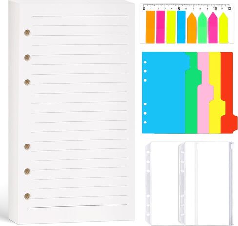 Koogel 100PCS A6 Refill Paper, 6 Holes Loose Leaf Paper 200 Lined Pages 2PCS PVC Pockets 160PCS Index Tabs with Ruler 5PCS Binder Dividers for School Office in Saudi Arabia